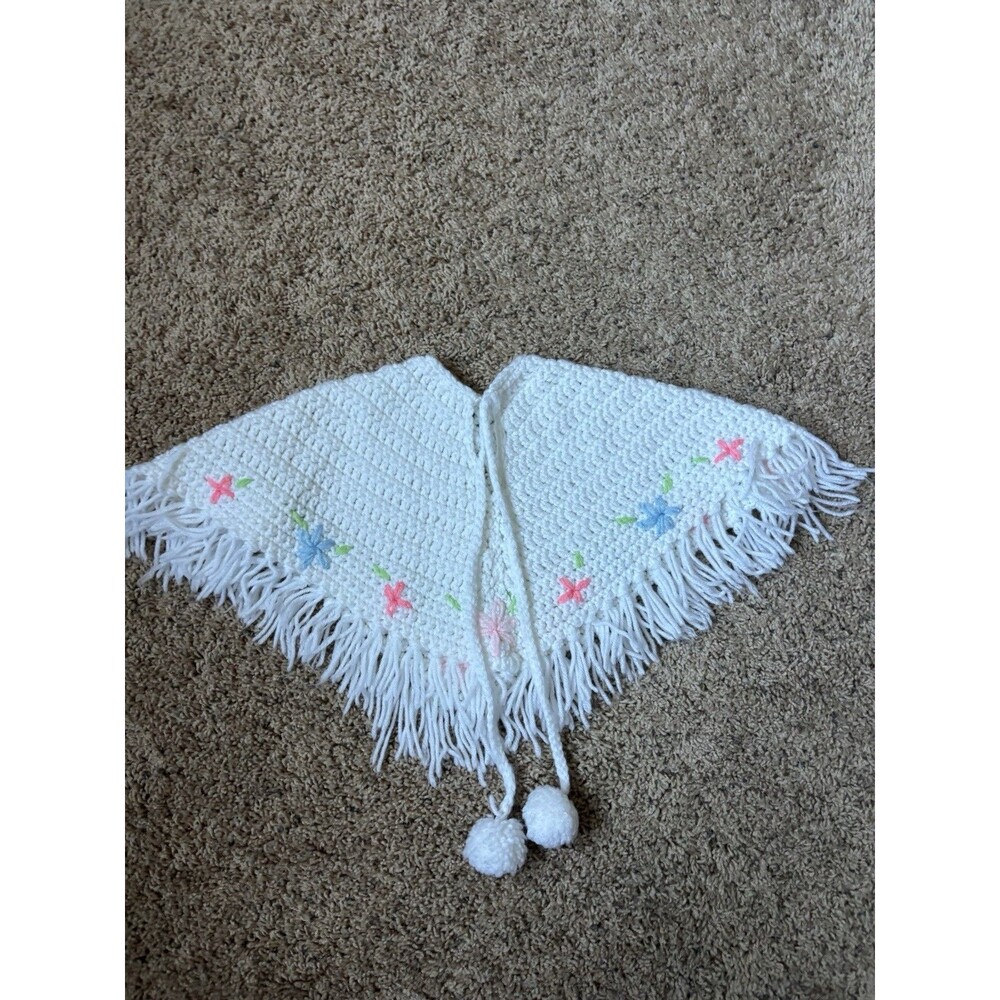 Baby Infant Poncho Shawl Crocheted Homemade 2 Tassels